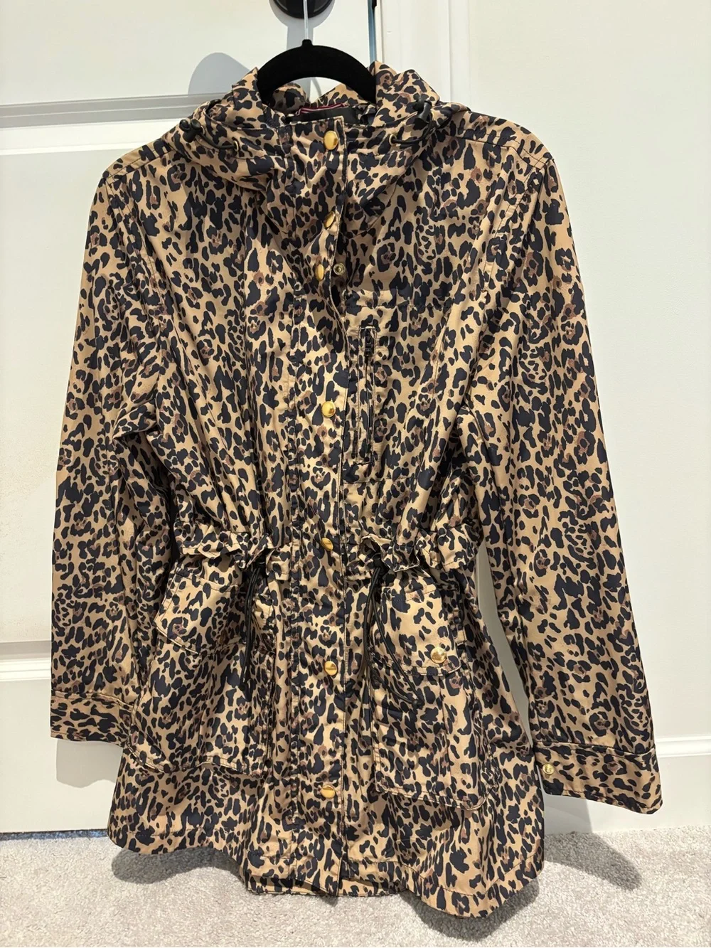 J. Crew Leopard Print long water resistant Jacket in Tan and Black with hood